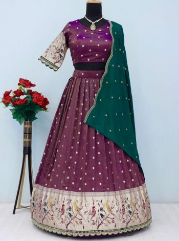 FANCY TISSUE SILK EMBROIDERY SEQUENCE LACE WORK LEHENGA CHOLI WITH DUPATTA WINE