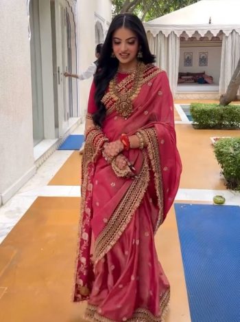 FANCY TWILL NET CODING EMBROIDERY SEQUENCE THREAD WORK SAREE WITH UNSTITCHED BLOUSE PINK