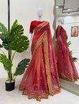 FANCY TWILL NET CODING EMBROIDERY SEQUENCE THREAD WORK SAREE WITH UNSTITCHED BLOUSE PARTY WEAR WHOLESALE PRICE ETHNIC GARMENT (2)