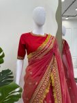 FANCY TWILL NET CODING EMBROIDERY SEQUENCE THREAD WORK SAREE WITH UNSTITCHED BLOUSE PARTY WEAR WHOLESALE PRICE ETHNIC GARMENT (2)