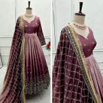 FANCY TWO TONE CHINON SILK EMBROIERY SEQUENCE WORK GOWN BOTTOM WITH DUPATTA WINE