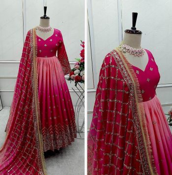 FANCY TWO TONE CHINON SILK EMBROIERY SEQUENCE WORK GOWN BOTTOM WITH DUPATTA RANI