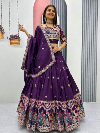 FANCY VICHITRA SILK EMBROIDERY SEQYENCE CODING THREAD WORK LEHNEGA CHOLI WITH DUPATTA PURPLE