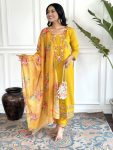 FANCY VISCOSE CHANDERI EMBROIDERY WORK TOP BOTTOM WITH DUPATTA MUSTARD