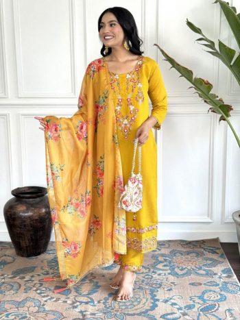 FANCY VISCOSE CHANDERI EMBROIDERY WORK TOP BOTTOM WITH DUPATTA MUSTARD