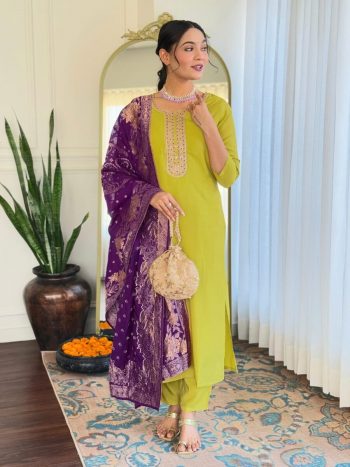 FANCY VISCOSE CHANDERI SEQUENCE CODING EMBROIDERY WORK TOP BOTTOM WITH DUPATTA PARROT GREEN