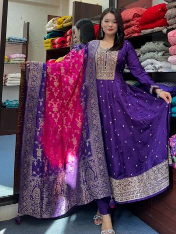FASHIONABLE BANANA SILK GOLDEN ZARI EMBROIDERY WORK ANARKALI GOWN BOTTOM WITH DUPATTA PURPLE