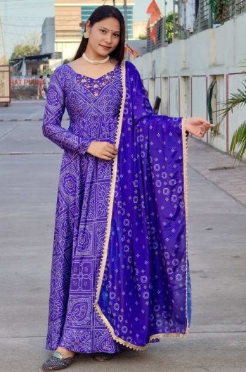 FASHIONABLE CHINON BANDHANI DIGITAL PRINTED GOWN WITH DUPATTA PURPLE