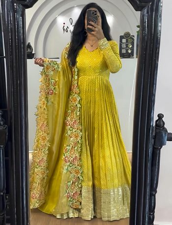 FASHIONABLE CHINON SILK EMBROIDERY SEQUENCE WORK GOWN BOTTOM WITH DUPATTA YELLOW