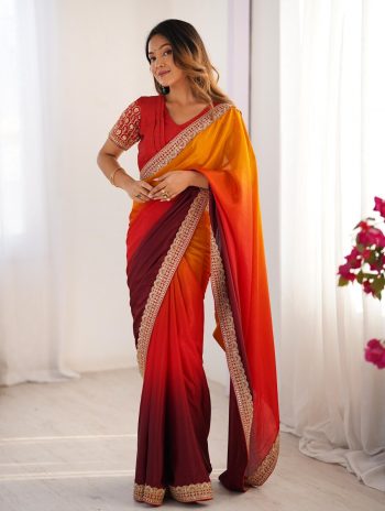 FASHIONABLE CHINON SILK THREAD SEQUENCE LACE WORK SAREE WITH UNSTITCHED BLOUSE ORANGE