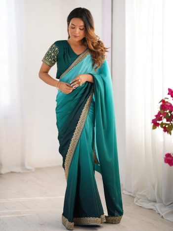 FASHIONABLE CHINON SILK THREAD SEQUENCE LACE WORK SAREE WITH UNSTITCHED BLOUSE RAMA