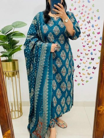 FASHIONABLE COTTON AJARAKH  PRINTED TOP BOTTOM WITH DUPATTA BLUE