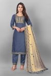 FASHIONABLE COTTON EMBROIDERY LACE WORK TOP BOTTOM WITH DUPATTA GREY