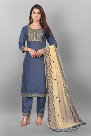 FASHIONABLE COTTON EMBROIDERY LACE WORK TOP BOTTOM WITH DUPATTA GREY
