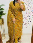 FASHIONABLE COTTON PRINTED EMBROIDERY WORK TOP BOTTOM WITH DUPATTA MUSTARD