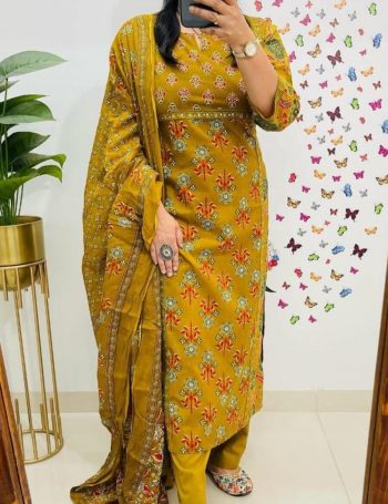 FASHIONABLE COTTON PRINTED EMBROIDERY WORK TOP BOTTOM WITH DUPATTA MUSTARD