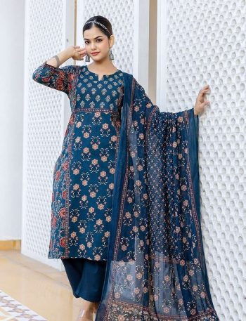 FASHIONABLE COTTON PRINTED EMBROIDERY WORK TOP BOTTOM WITH DUPATTA BLUE