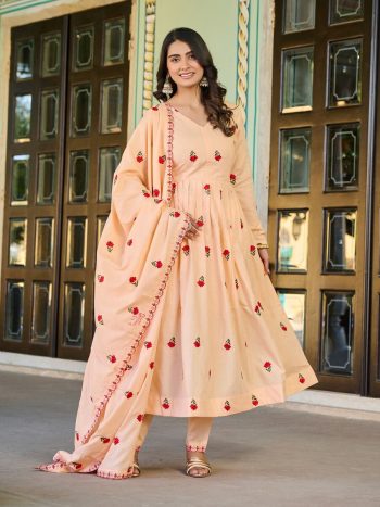 FASHIONABLE COTTON THREAD EMBROIDERY WORK ANARKALI GOWN BOTTOM WITH DUPATTA CREAM
