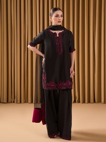 FASHIONABLE CREPE MOTI EMBROIDERY SEQUENCE WORK TOP PATIYALA WITH DUPATTA BLACK