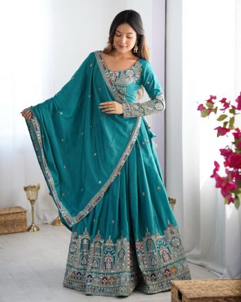 FASHIONABLE CREPE SILK SEQUENCE THREAD EMBROIDERY WORK LEHENGA CHOLI  WITH DUPATTA SKY