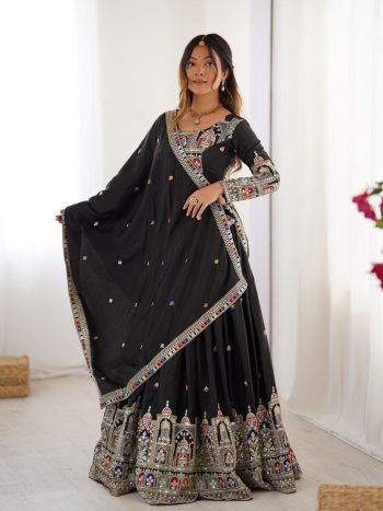 FASHIONABLE CREPE SILK SEQUENCE THREAD EMBROIDERY WORK LEHENGA CHOLI  WITH DUPATTA  BLACK