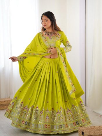 FASHIONABLE CREPE SILK SEQUENCE THREAD EMBROIDERY WORK LEHENGA CHOLI  WITH DUPATTA  LEMON