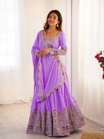 FASHIONABLE CREPE SILK SEQUENCE THREAD EMBROIDERY WORK LEHENGA CHOLI  WITH DUPATTA  LAVENDER