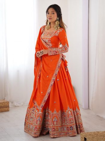 FASHIONABLE CREPE SILK SEQUENCE THREAD EMBROIDERY WORK LEHENGA CHOLI  WITH DUPATTA  ORANGE
