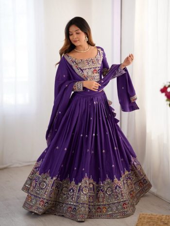 FASHIONABLE CREPE SILK SEQUENCE THREAD EMBROIDERY WORK LEHENGA CHOLI  WITH DUPATTA  PURPLE