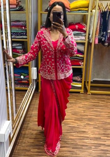 FASHIONABLE DIAMOND SILK EMBROIDERY SEQUENCE WORK READY TO WEAR SAREE BLOUSE WITH SHRUG RANI