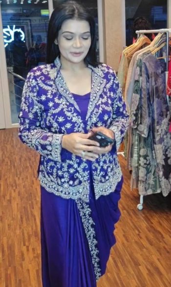 FASHIONABLE DIAMOND SILK EMBROIDERY SEQUENCE WORK READY TO WEAR SAREE BLOUSE WITH SHRUG BLUE