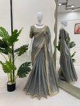 FASHIONABLE FENDY SILK CODING SEQUENCE WORK SAREE WITH UNSTITCHED BLOUSE GREY