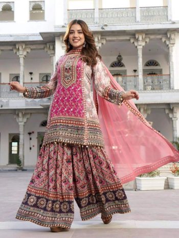 FASHIONABLE GEORGETTE DIGITAL PRINTED REAL MIRROR HANDWORK TOP PALAZZO WITH DUPATTA PINK