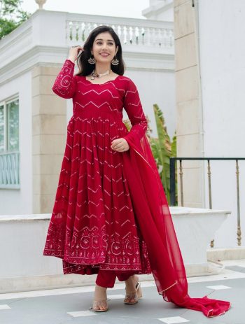 FASHIONABLE GEORGETTE EMBROIDERY SEQUENCE WORK ANARKALI GOWN BOTTOM WITH DUPATTA RED