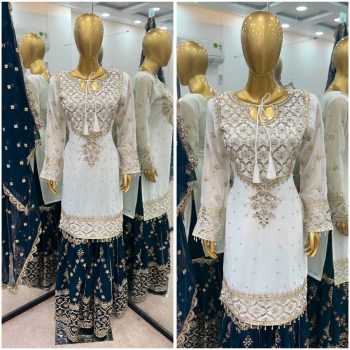 FASHIONABLE GEORGETTE EMBROIDERY SEQUENCE WORK TOP SHARARA WITH DUPATTA RAMA