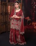 FASHIONABLE GEORGETTE EMBROIDERY SEQUENCE WORK TOP SHARARA WITH DUPATTA MAROON