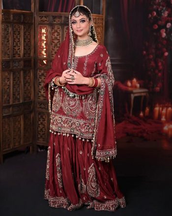 FASHIONABLE GEORGETTE EMBROIDERY SEQUENCE WORK TOP SHARARA WITH DUPATTA MAROON