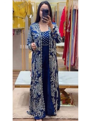 FASHIONABLE GEORGETTE EMBROIDERY THREAD SEQUENCE ZARI WORK STITCHED SHRUG PALAZZO WITH BLOUSE BLUE