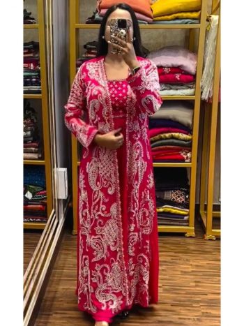 FASHIONABLE GEORGETTE EMBROIDERY THREAD SEQUENCE ZARI WORK STITCHED SHRUG PALAZZO WITH BLOUSE RED