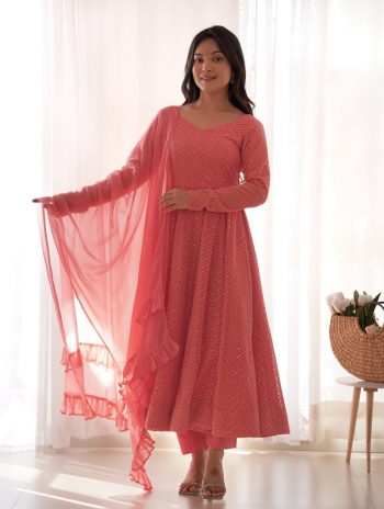 FASHIONABLE GEORGETTE LUKHNOWI SEQUENCE WORK ANARKALI GOWN BOTTOM WITH DUPATTA PEACH