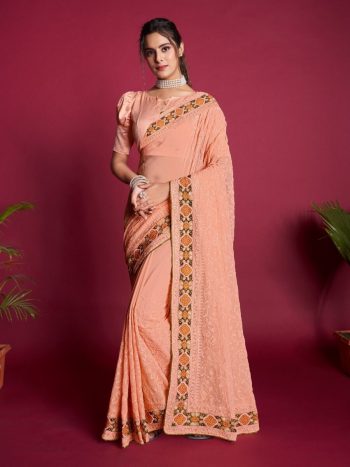 FASHIONABLE GEORGETTE MULTI THREAD PIPING LACE WORK SAREE WITH UNSTITCHED BLOUSE PEACH