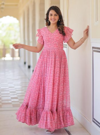 FASHIONABLE GEORGETTE PRINTED FLAIRED ONLY GOWN PINK