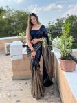 FASHIONABLE GEORGETTE SEQUENCE PIPING LACE WORK SAREE WITH UNSTITCHED BLOUSE NAVY BLUE