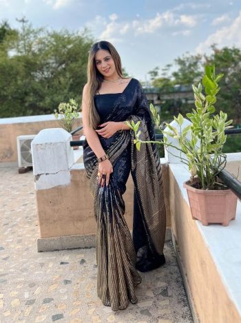 FASHIONABLE GEORGETTE SEQUENCE PIPING LACE WORK SAREE WITH UNSTITCHED BLOUSE NAVY BLUE