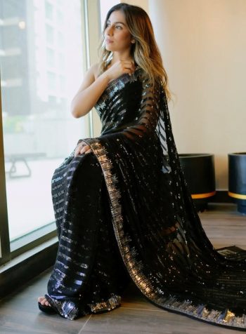 FASHIONABLE GEORGETTE SEQUENCE WORK SAREE WITH UNSTITCHED BLOUSE BLACK