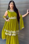 FASHIONABLE GEORGETTE THREAD SEQUENCE WORK TOP PALAZZO WITH DUPATTA PERROT GREEN