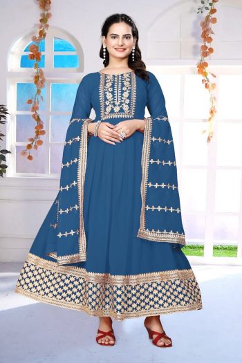 FASHIONABLE GEORGETTE ZARI EMBROIDERY WORK GOWN WITH DUPATTA BLUE