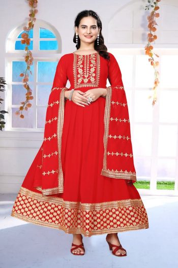 FASHIONABLE GEORGETTE ZARI EMBROIDERY WORK GOWN WITH DUPATTA RED