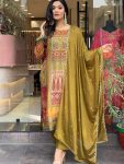 FASHIONABLE HEAVY SILK EMBROIDERY MIRROR HANDWORK TOP BOTTOM WITH DUPATTA MEHNDI