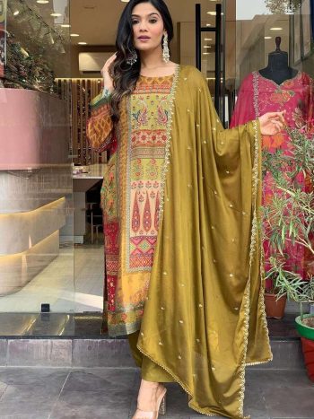 FASHIONABLE HEAVY SILK EMBROIDERY MIRROR HANDWORK TOP BOTTOM WITH DUPATTA MEHNDI